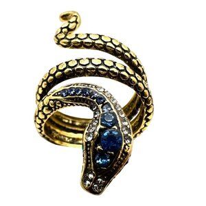 Womens Snake Ring Blue Rhinestone Antiqued Gold Tone Adjustable Vintage Style